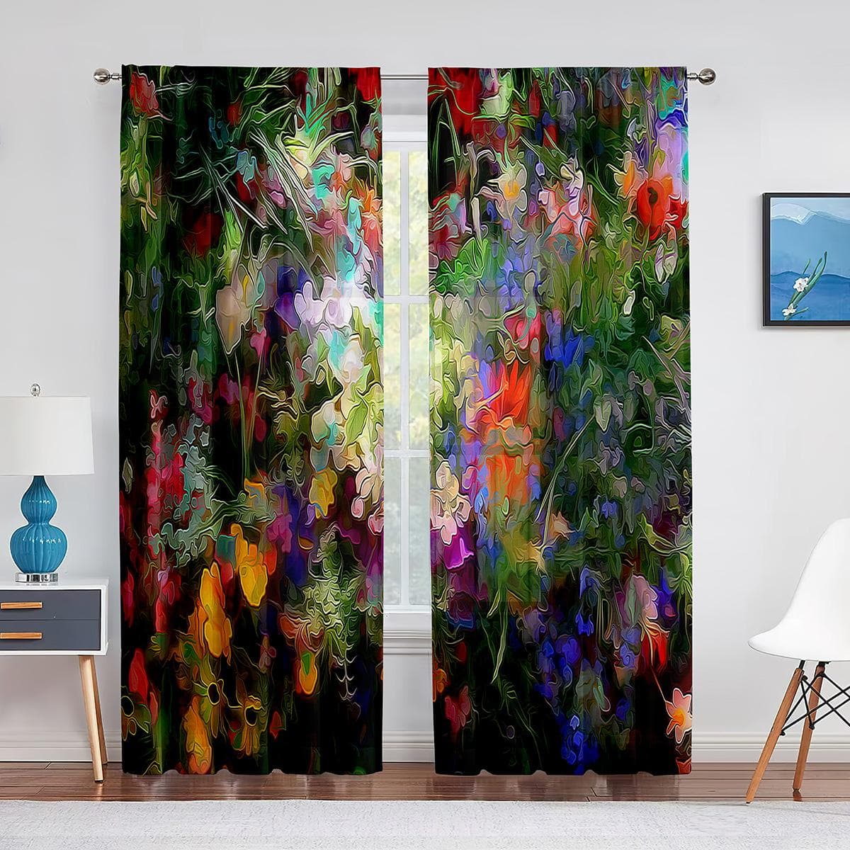 Abstract Oil Painting Colored Tulle Voile Curtains for Bedroom Window Living Room Chiffon Sheer Curtains Organza Drape Treatment 1 PCS W100XH250cm&Grommet Top
