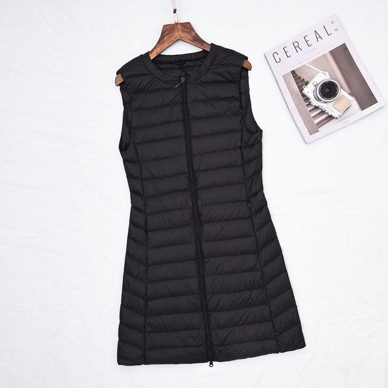 Women Winter Lightweight O-Neck Collarless Slim Fit Solid Color Zipper Warm Down Vest Jacket M-4XL 3XL black