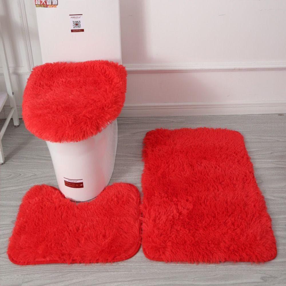 3pcs/set Fluffy Hairs Toilet Lid Cover Rugs Solid Color Shower Carpets Sets Shower Room red