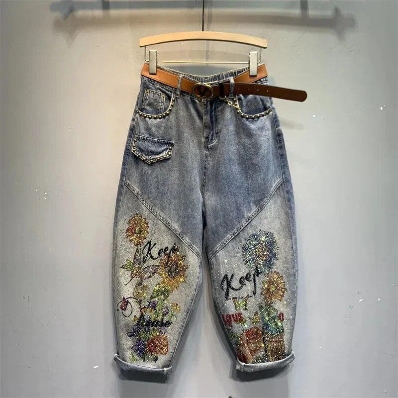 European Spring Summer Ladies Printed Diamond Denim Harem Pants Women's Fashion Streetwear Elastic Waist Daddy Jeans L dark grey