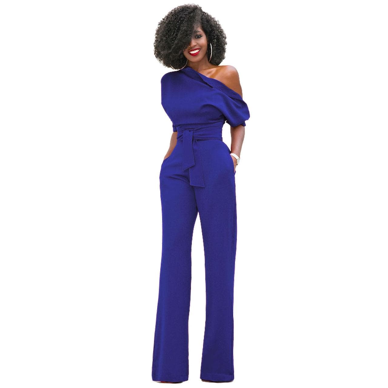 7 Color Women's Fashion Solid Color Slanted Collar Button-up Jumpsuit Wide-leg Pants XXL