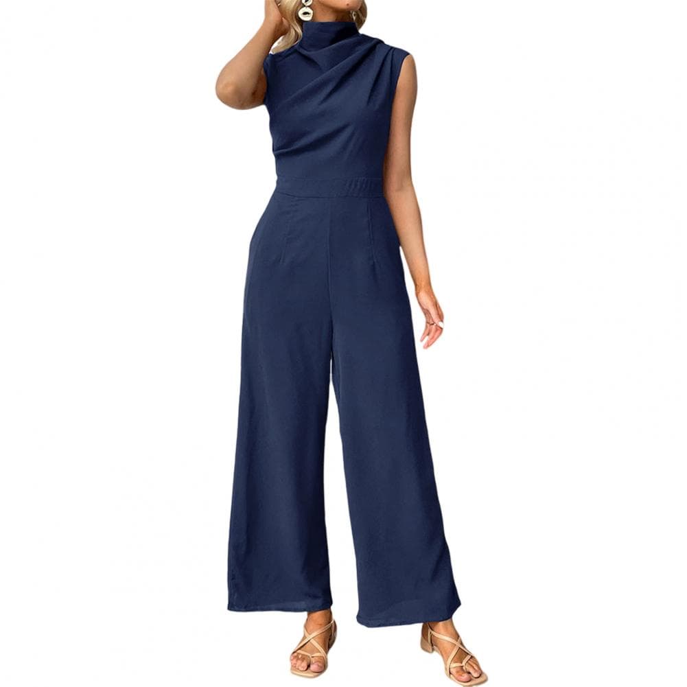 Women Summer Jumpsuit Half-high Collar Sleeveless Wide Leg Pleated Pure Color OL Commuting Daily Wear Long Jumpsuit S navy blue