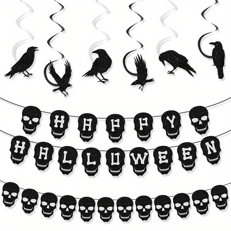 1set Halloween Black Skull Alphabet Pull Flag Pull Flower Spiral 3 Piece Set, Raven Spiral Charm Set, Holiday Dress Up Holiday Charms Pack of 3