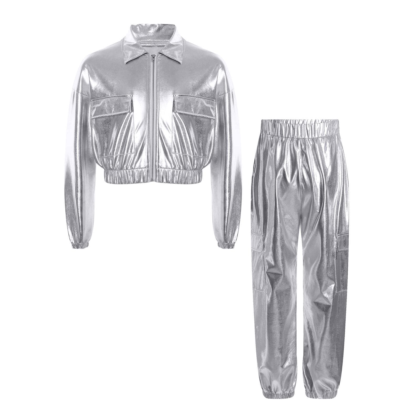 Girls Boys Shiny Dance Outfit Metallic Jacket Turn Down Collar Long Sleeve and Glittery Pants for Jazz Competitions 9-10 Years silver