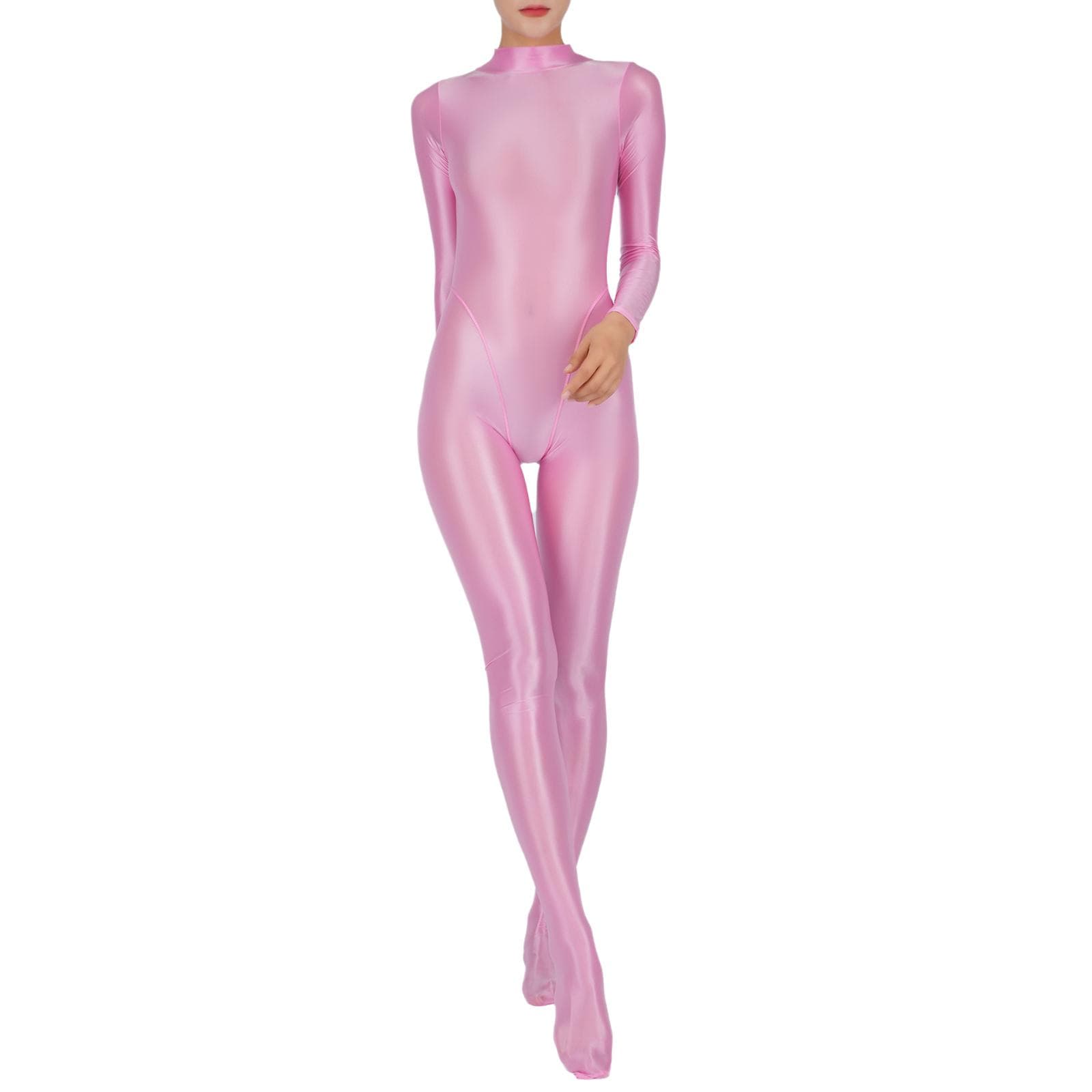 Womens Full Body Jumpsuit Sports Gym Yoga Tights Bodysuit Mock Neck Long Sleeve Footed One Piece Jumpsuit Clubwear Sportwear M/L pink