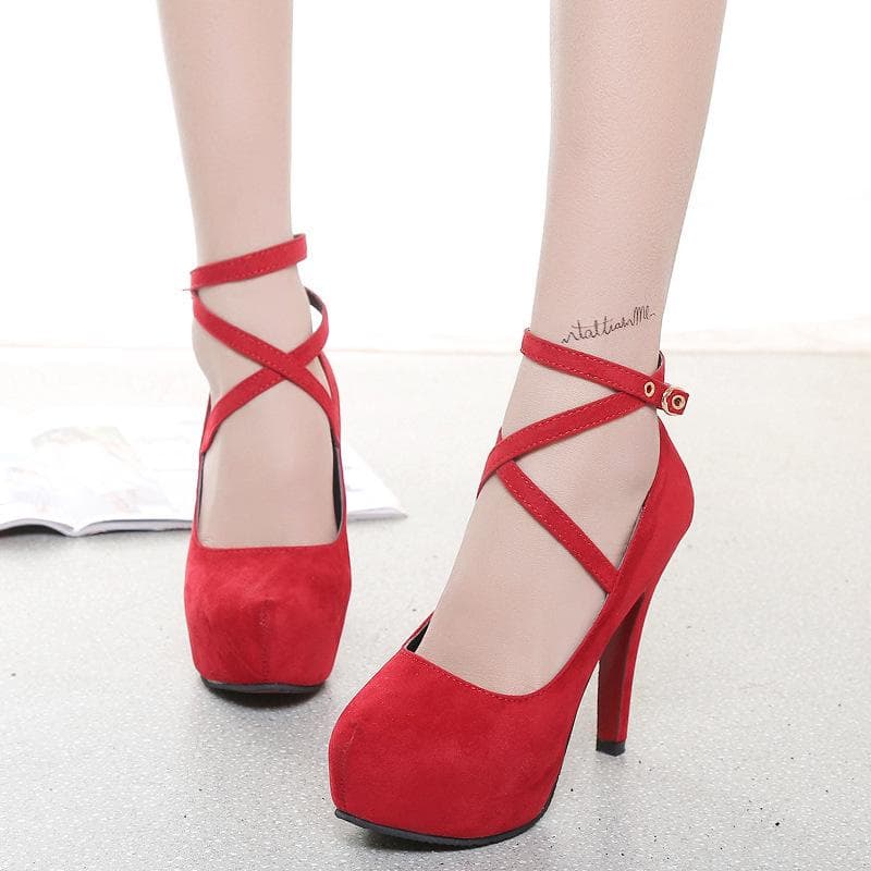 Spring and Autumn Footwear Plus Size High-heeled Pointed Belt Buckle Thick-heeled High-heeled Women's Shoes 35 red