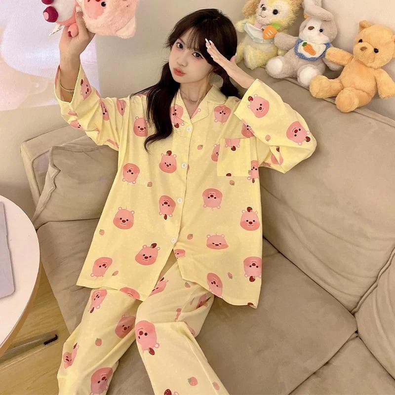 Pure Cotton Pajamas New Autumn Long-sleeved Lapel Suit Loose Cardigan Casual Women's Pajamas Home Wear XL yellow