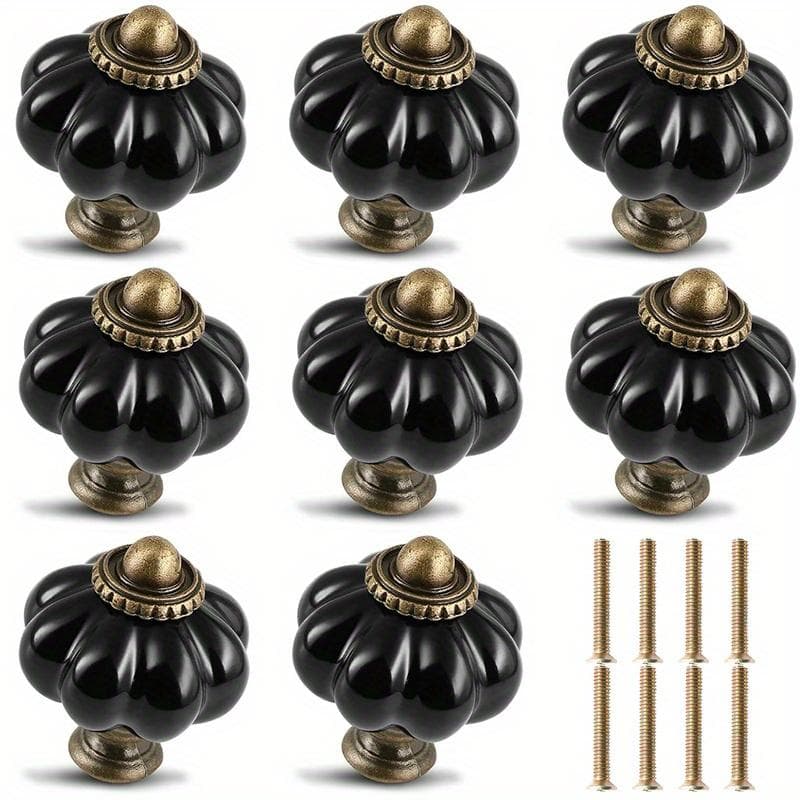 8pcs Black Pumpkin Knobs, Vintage Ceramic Cabinet Knobs, 1.5*1.3 Inch, Dresser Knobs Drawer Knobs Door Knobs Drawer Pulls Dresser Knobs with Screws 8-Pack black