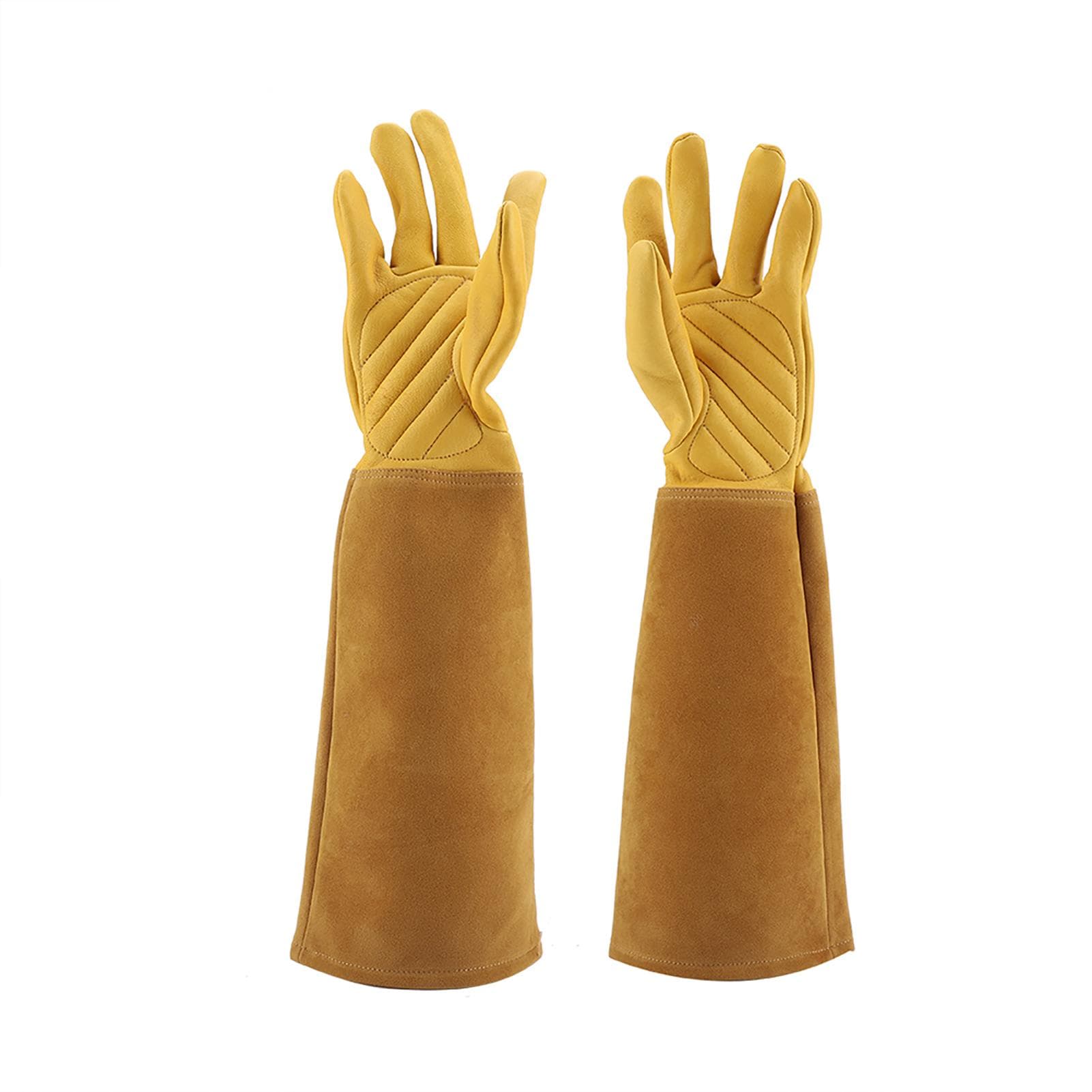 Rose Pruning Gardening Leather Gloves Wearproof Puncture Proof Long Work Glove(Yellow M) Yellow