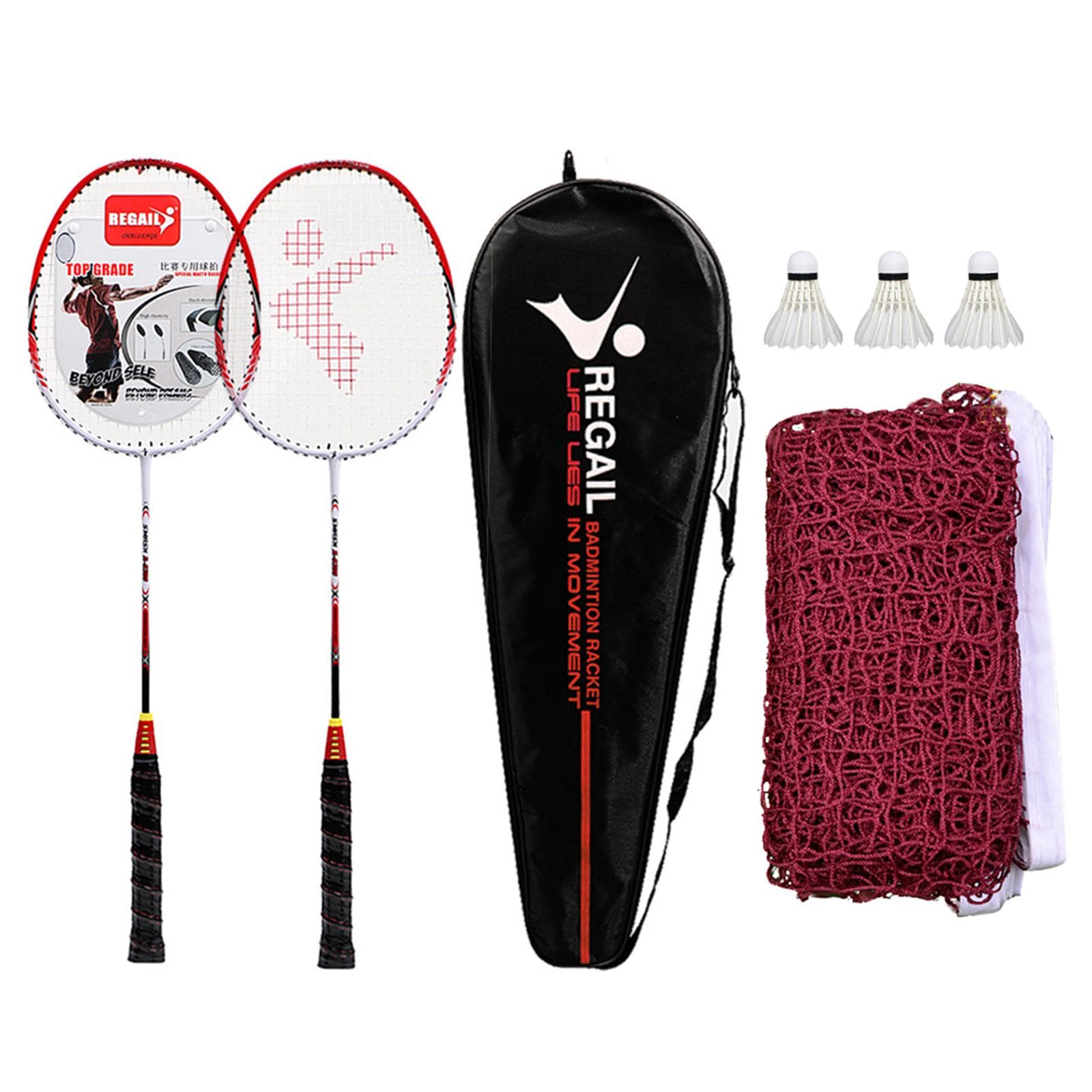 2 Player Badminton Racquets Set with 3 Shuttlecocks Carrying Bag and Badminton Net for Family red