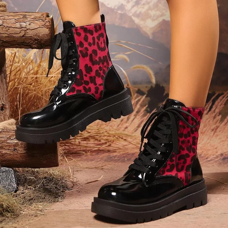 Sexy Red Leopard Ankle Boots For Women Autumn Patent Leather Lace Up Motorcycle Boots Woman Chunky Platform Short Booties 43 red