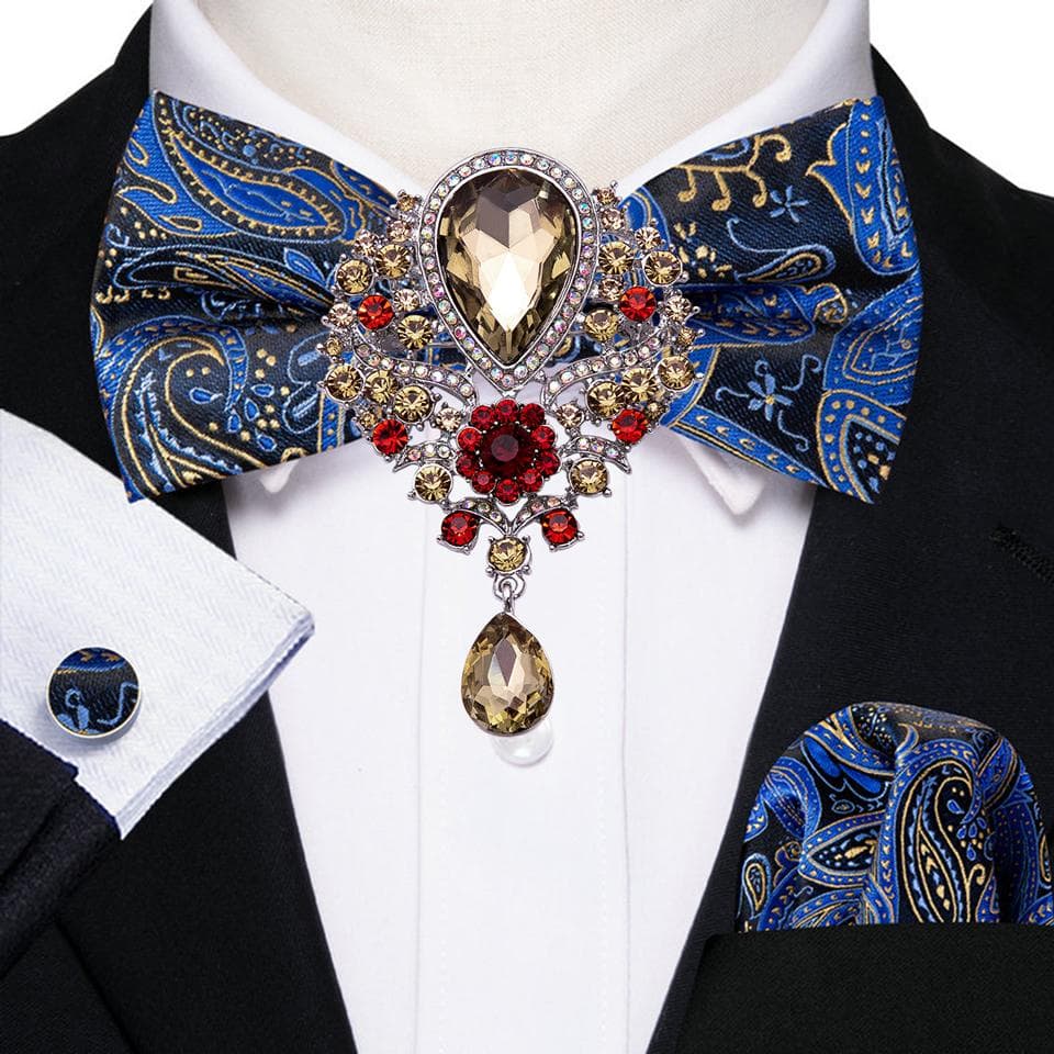 Barry.Wang Mens Bow tie with Brooch Hanky Cufflinks Set for Wedding Party Dating Silk Pre Bowtie Set LH-0724