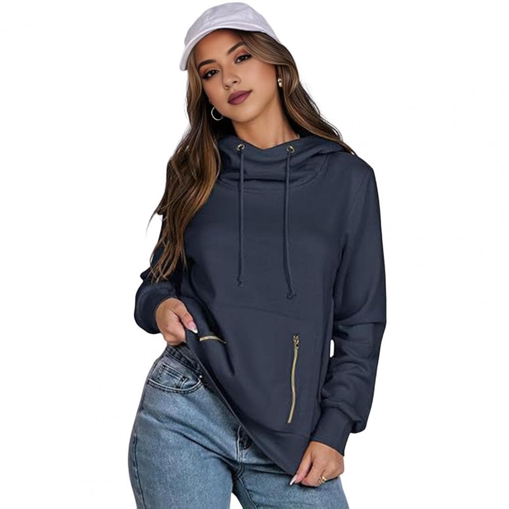 Lady Dall Winter Hoodie Zipper Pockets Elastic Cuff Solid Color Drawstring Preppy Style Long Sleeves Pullover Hooded Sport Fitne S navy blue