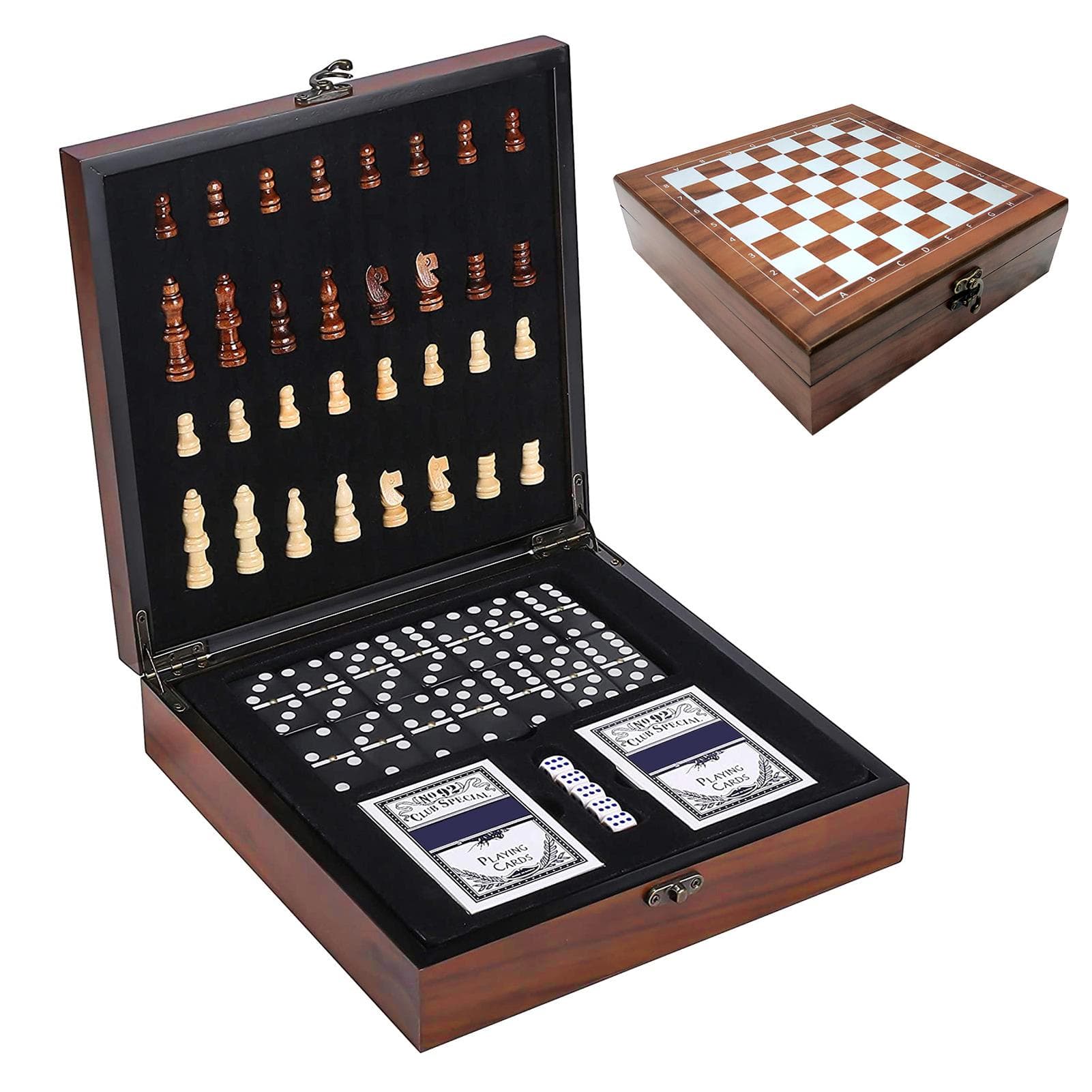 4-IN-1 Chess Set Kids Adults Chess Board Game for Playing Chess Cards Dices Dotted Tiles brown