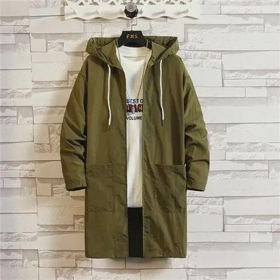 Men's Trendy Hooded Windbreaker: Mid-Length, Loose, Versatile, Sun-Protective Jacket for Spring & Summer 2021 Large army green