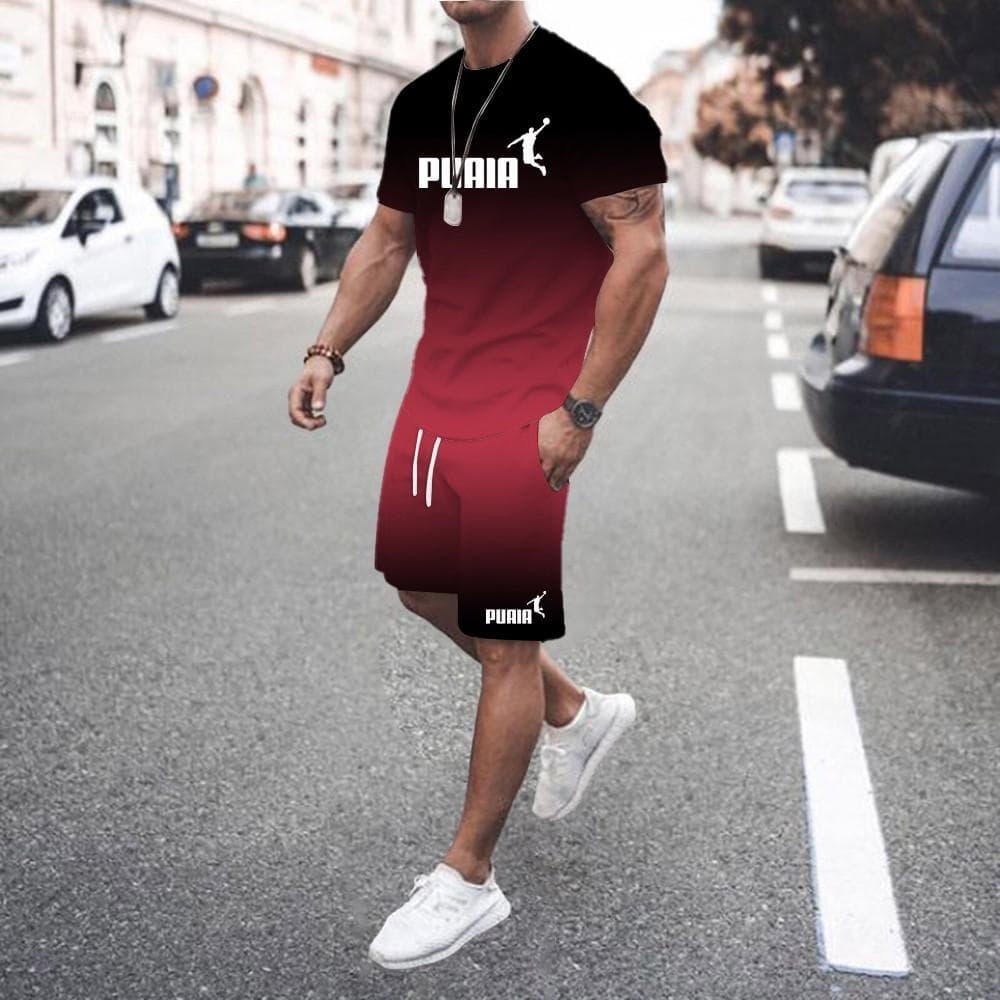Summer hot sale men's 3D men's gradient suit fashionable casual men's short-sleeved T-shirt + shorts two-piece sportswear set M