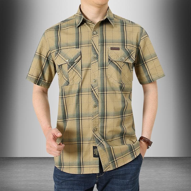 Summer Men's Short-Sleeved Shirt Cotton Casual Plus Size Loose Lattice Shirt Thin Top Breathable Comfortable Absorb sweat 3XL khaki
