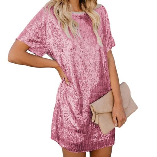 Women's Summer Sequin Midi Dress Casual Crew Neck Short Sleeve T-shirt Dress Sparkly Cocktail Party Dress 2XL pink