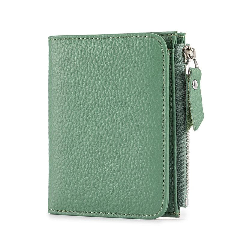 Women Genuine Leather Slim Short Wallet Blocking Bi-Fold Wallet Credit Card Holder money clip wallet Zipper Coin pocket green