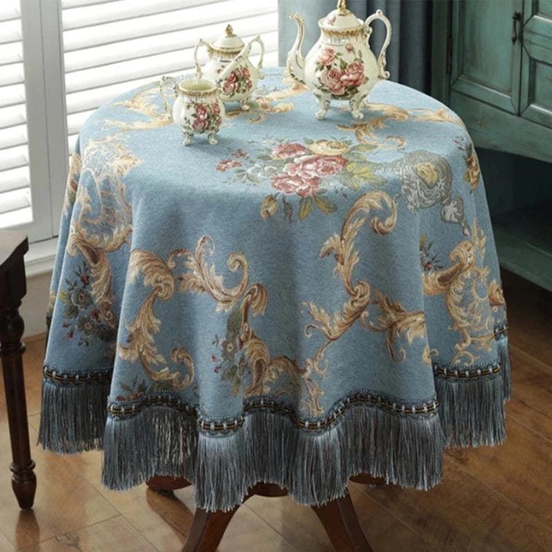 European Luxury Round Tablecloths Rose Jacquard Dining Table Cloth Tassels Retro Chenille Table Cover Wedding Party Events Home 180cm-Round