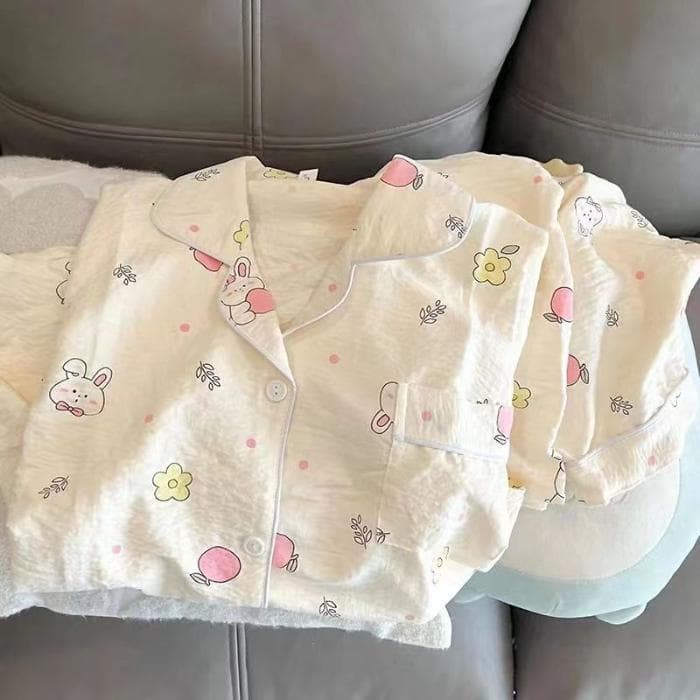 Women's Pajamas New Autumn Spring Long Sleeve Soft Sleepwear Set Striped Cartoon Pyjama Woman Home Nightwear Set Cardigan XXL