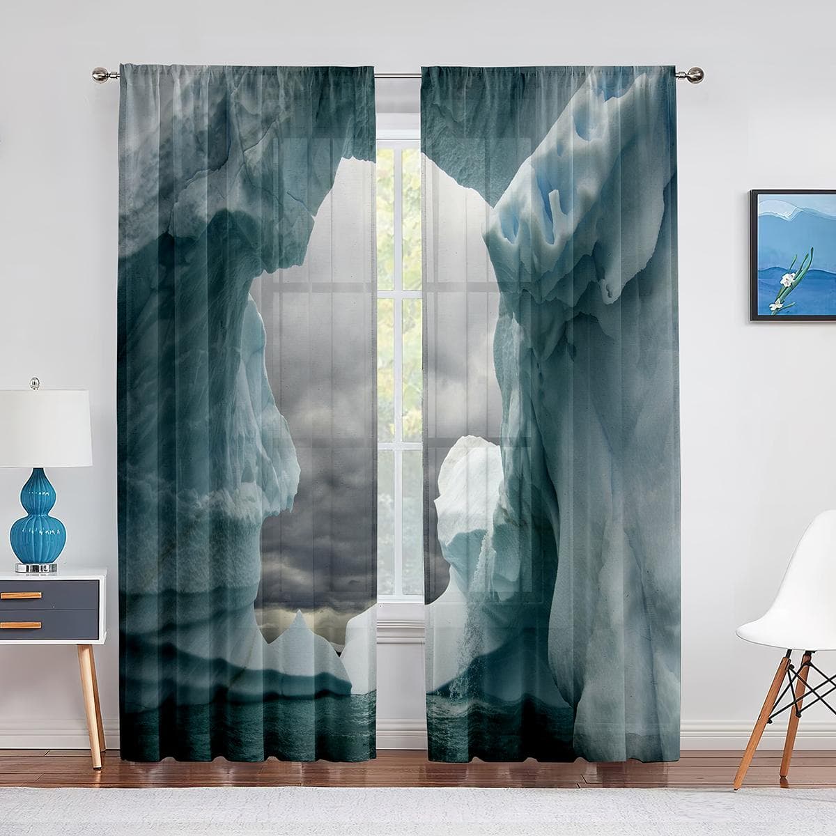 Cute Penguins Wildlife Tulle Curtains Icebergs Antarctica Nature Scene Sheer Voile Curtain for Living Room Bedroom Kitchen Decor 1 PCS W100XH250cm&Grommet Top