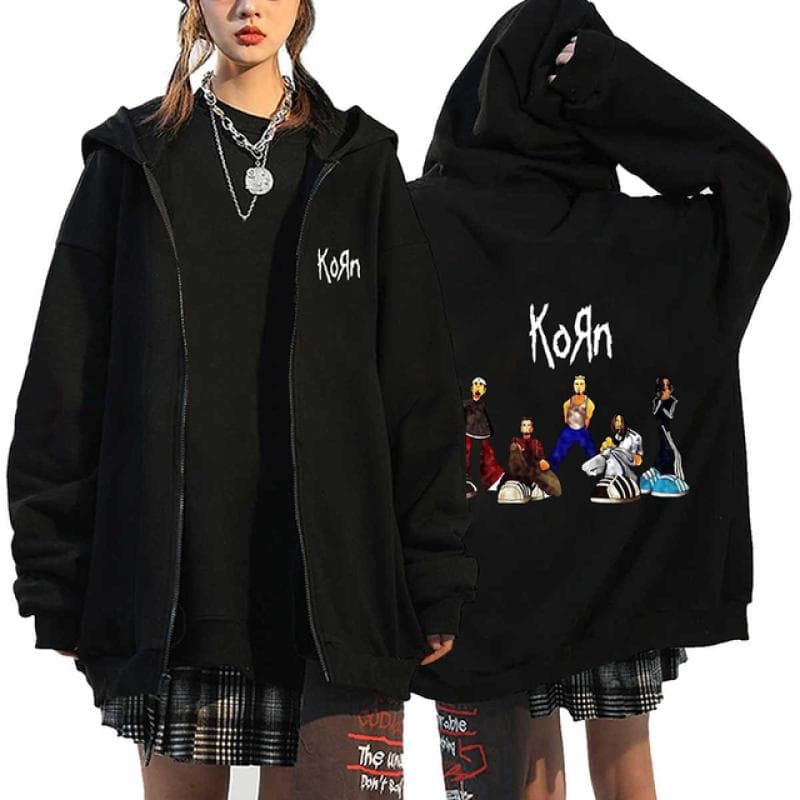 Korn Rock Band Print Zipper Hoodies Metal Music Men's Zip Up Jackets Hip Hop Streetwear Sweatshirts Unisex Y2K Cardigan Coats XL