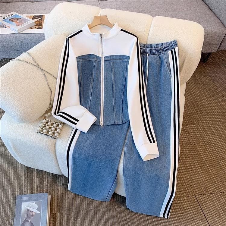 Women Preppy Style Patchwork Contrast Denim Sets Stand Collar Zipper Jackets Coats Elastic Jeans 2 Piece Suit Streetwear Comfort L white
