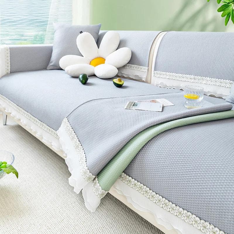 Summer Cooling Couch Cushion White Side AntiSlip Sofa Cover for Living Room Summer Breathable Ice Silk Lace Solid Color Sofa Mat 70x70cm 1pcs