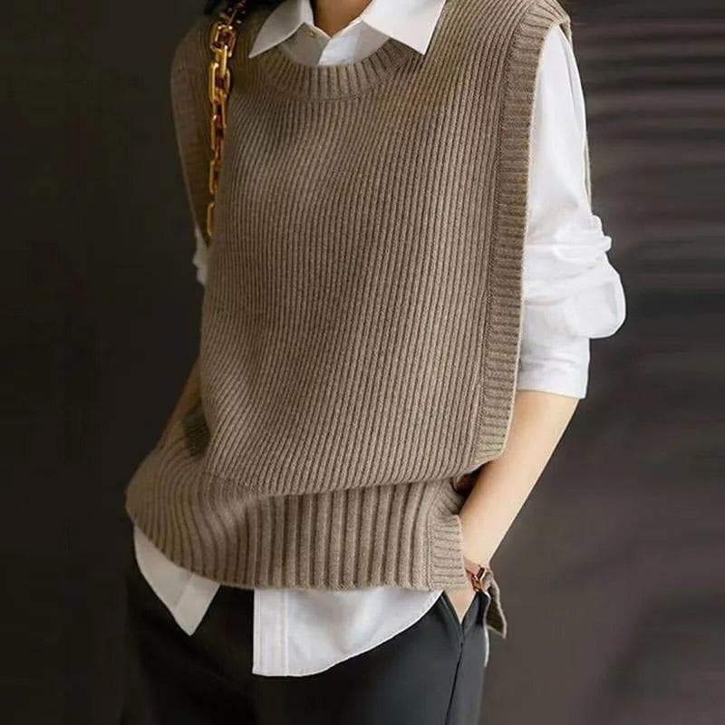 Vest for Women Knitted Oversize Undershirt Sleeveless Tops Loose Sweater Vest Solid Color Casual Round Neck Vest XL tan