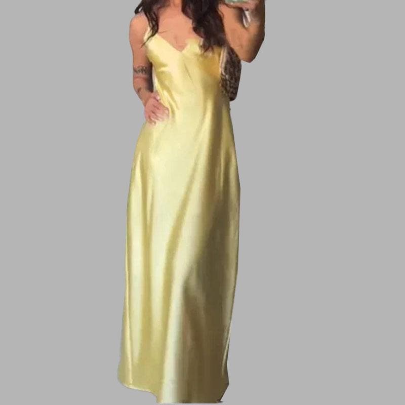 Fashion New Sexy Temperament and Elegant Slim Solid Color Backpacking Long Suspender Dress 3XL yellow