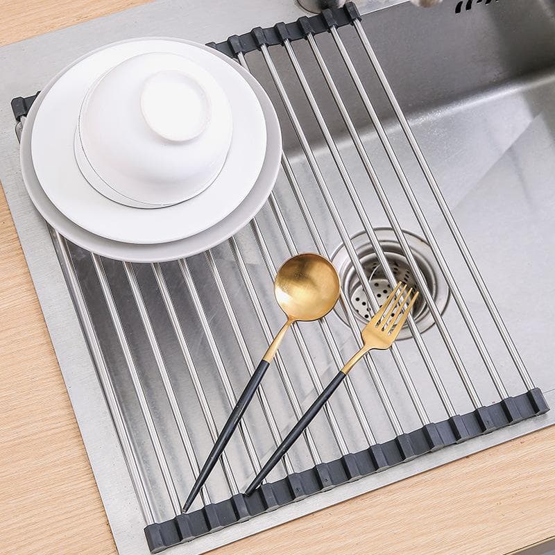 Foldable Stainless Steel Dish Drainer Roll Up Dish Drying Rack Shelf Kitchen Sink Holder Drainage Plate Bowl Fruit Plate Storage black