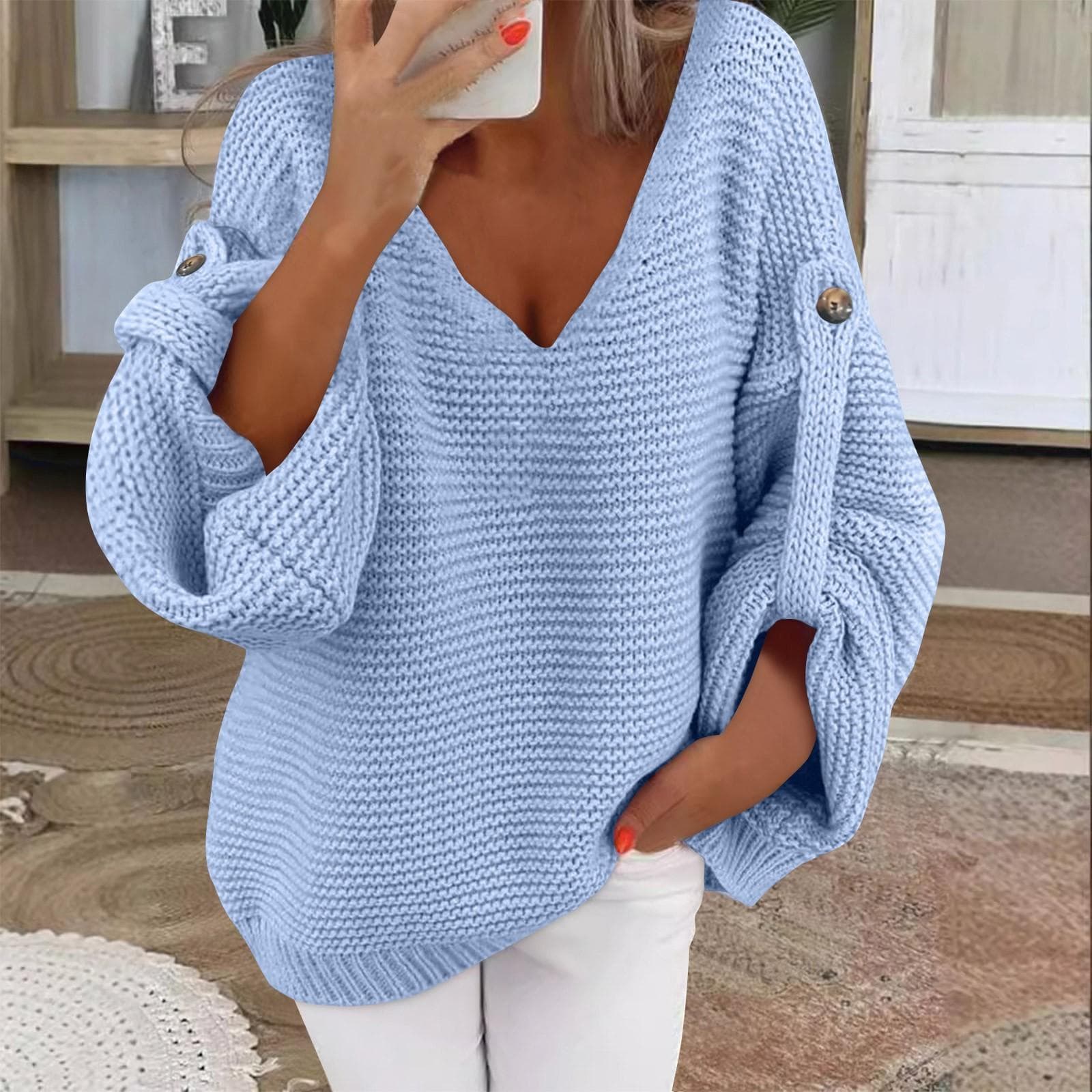 Women's Fashion Casual Pullover Long Sleeve Top And Winter Long Sleeve V-Neck Sweater S