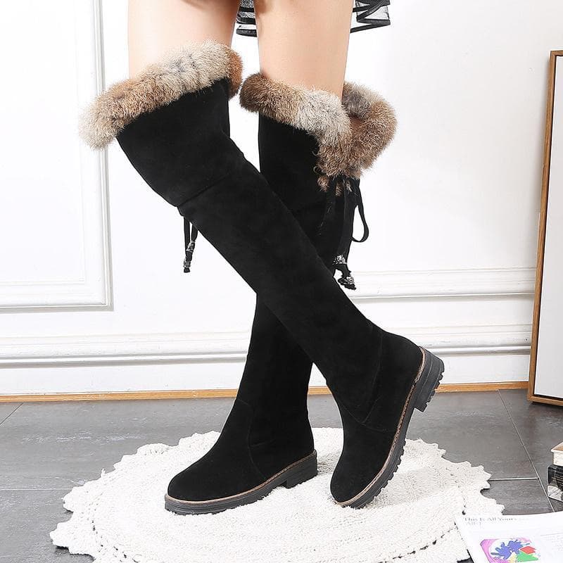 Warm Snow Boots Women Winter Shoes Suede Knee High Boots Ladies Fashion Low Heels Warm Fur Plush Long Boots Female 39 black