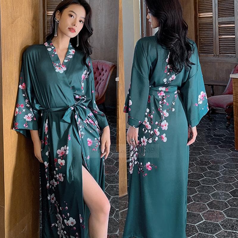 New Spring Summer Female Long Robe Nightgown Sexy Print Flower Kimono Bathrobe Gown Casual Silk Satin Home Dress Lounge Wear One Size
