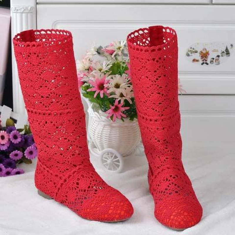 Lace Hollow Boots Shoes Breathable Knit Line Mesh Korean High Summer Women Boots Knee High Womens Shoes 38 red