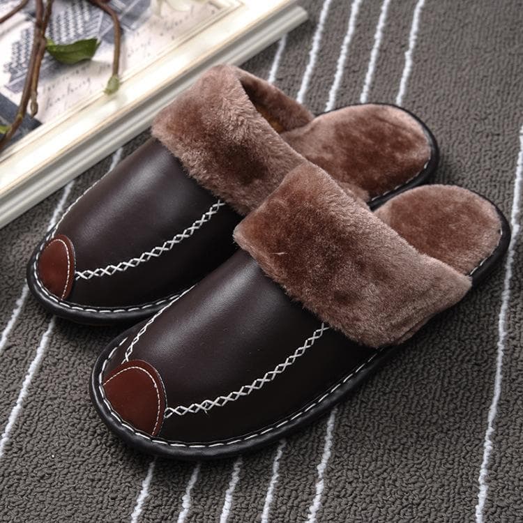 Men Slippers Black Winter PU Leather Slippers Warm Indoor Slipper Waterproof Home House Shoes Women Warm Leather Slippers 43-44 dark brown
