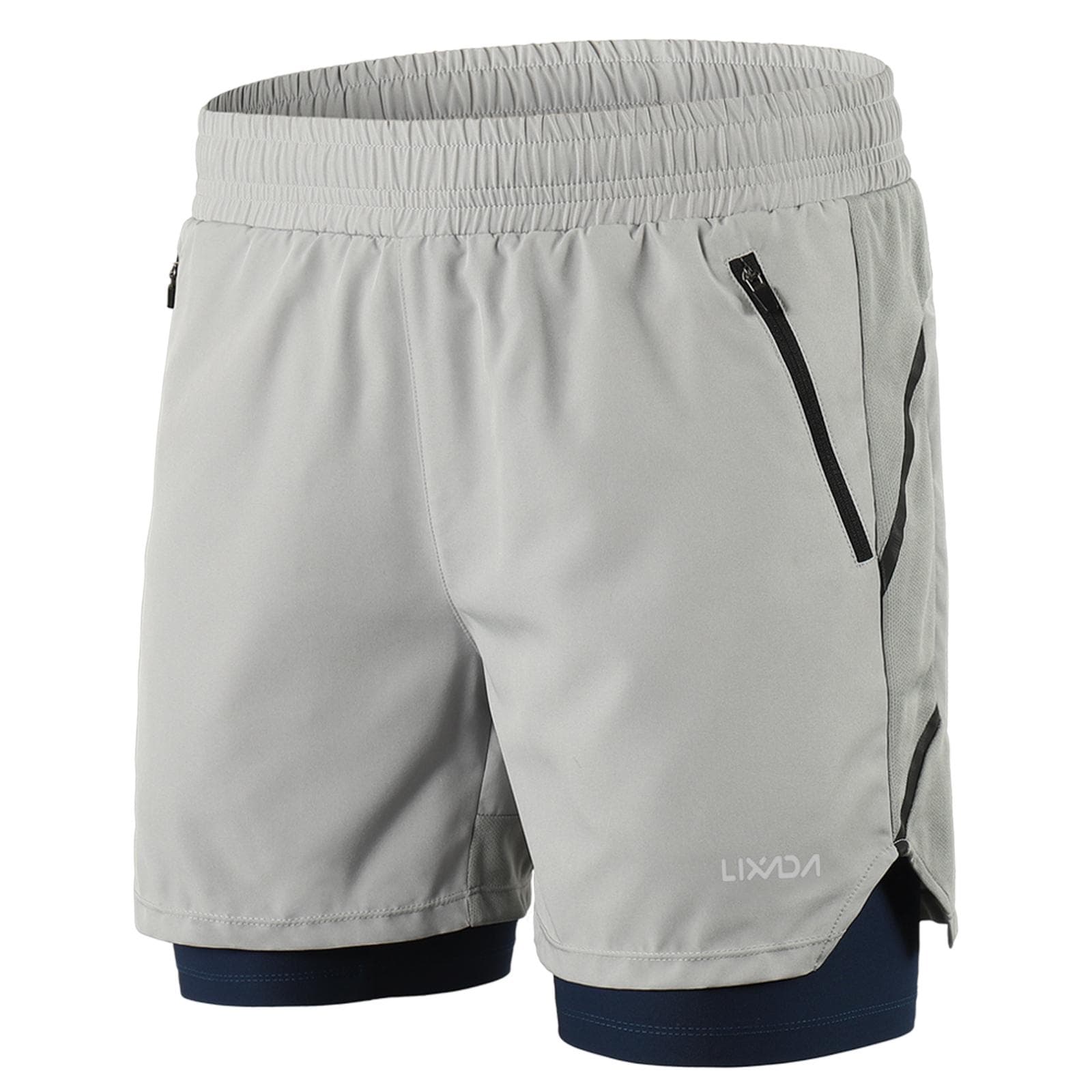 Lixada Men 2 in 1 Running Shorts Quick Drying Breathable Active Training Exercise Jogging Marathon S grey
