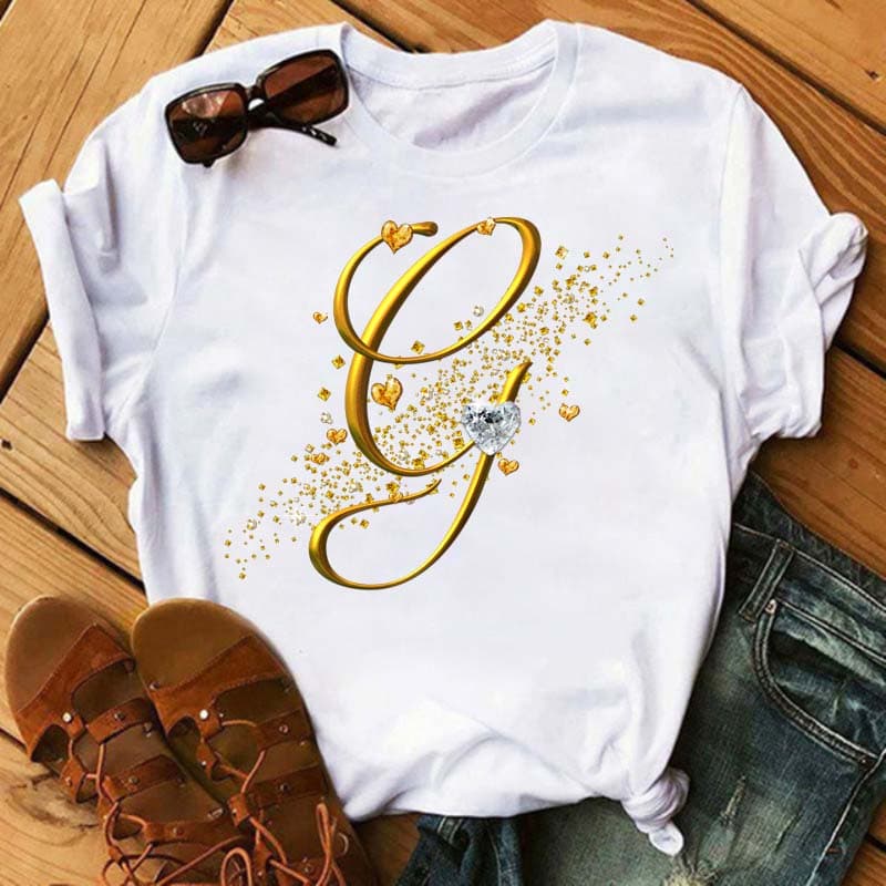 Custom Name Letter 3D Printe Women T-shirt Diamond Gold Letter Font A B C D E F G Black T-shirt M