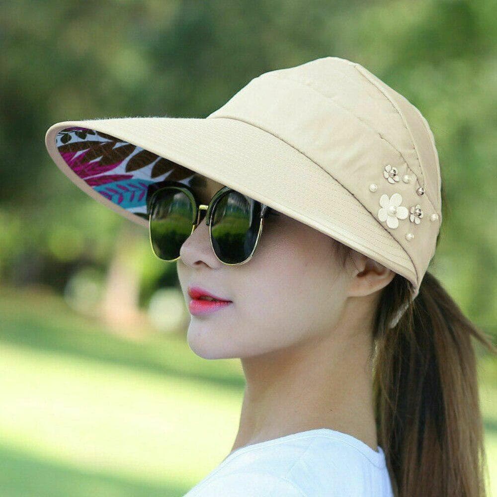 Womens Ladies Summer Wide Brim Foldable Sun Hat Anti-UV Beach Visor Caps Hats beige
