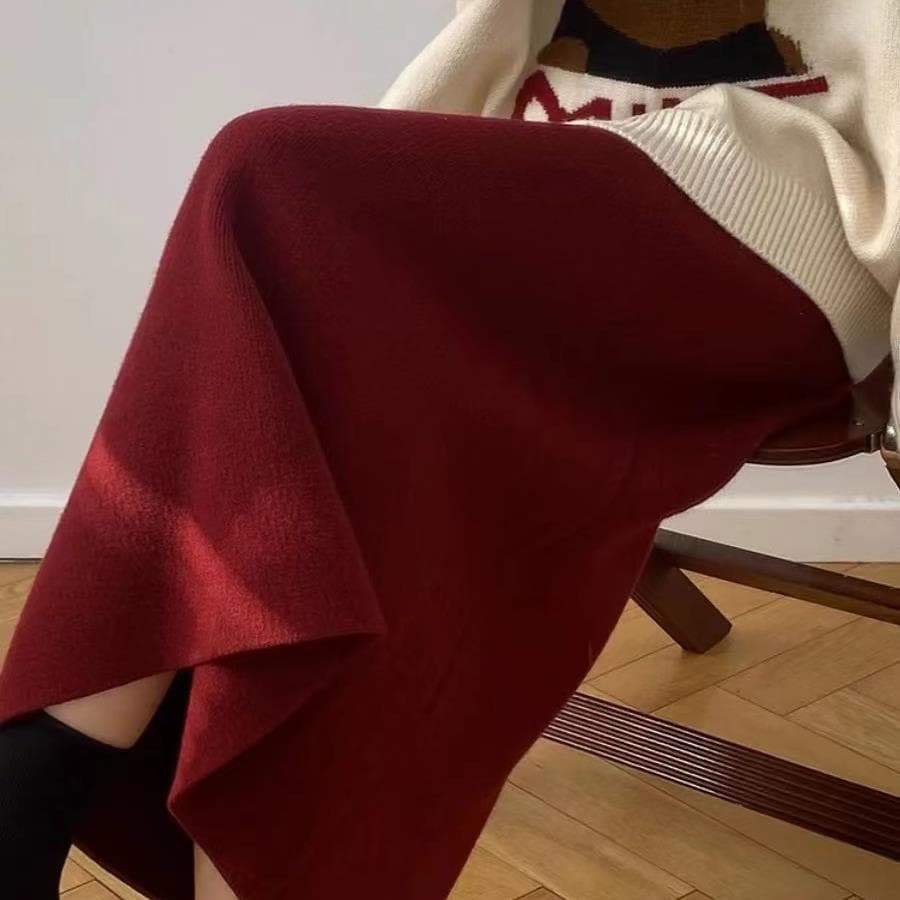 Plush Cherry Red Knitted Skirt for Women In Autumn and Winter High Waist Straight Long Skirt Draped A-line Hip-pack Skirt XL