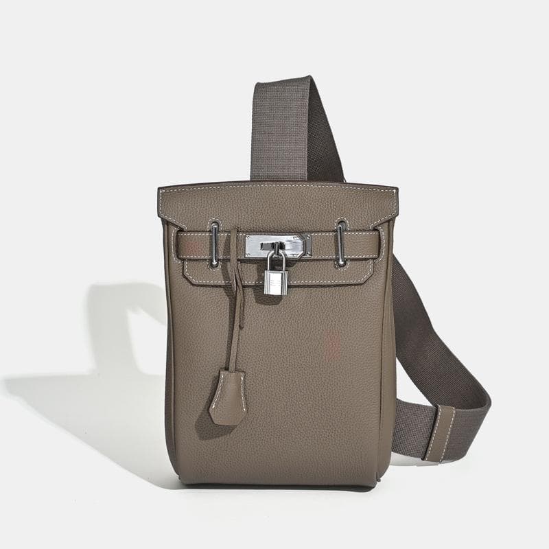 2025 New Unisex Top Layer Cowhide Chest Bag Shoulder Bag Genuine Leather Backpack With Lock Hanging Decoration 17 x 8 x 27CM+silver buckle dark grey