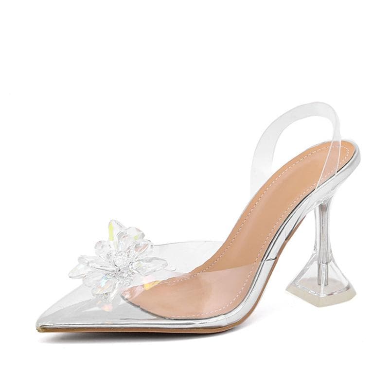 Liyke New Sexy Slingback Shoes Women Crystal Flower PVC Summer Strange Transparent High Heels Mules Sandals Female Pumps 35 silver