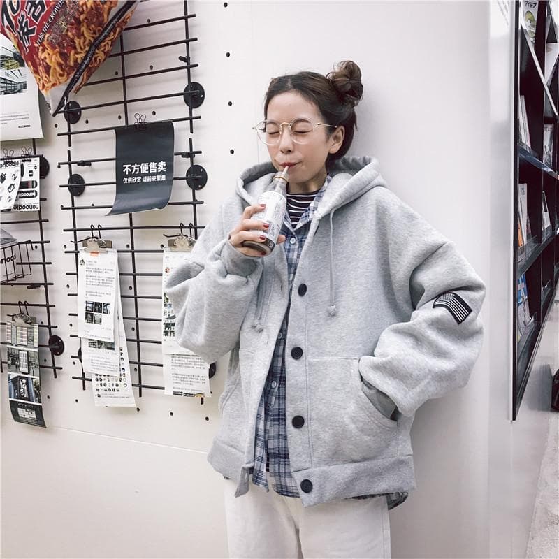 Autumn and Winter New Korean Embroidered Hooded Cardigan Fleece Thickened Hooded Sweater Casual Coat Women XXL gray