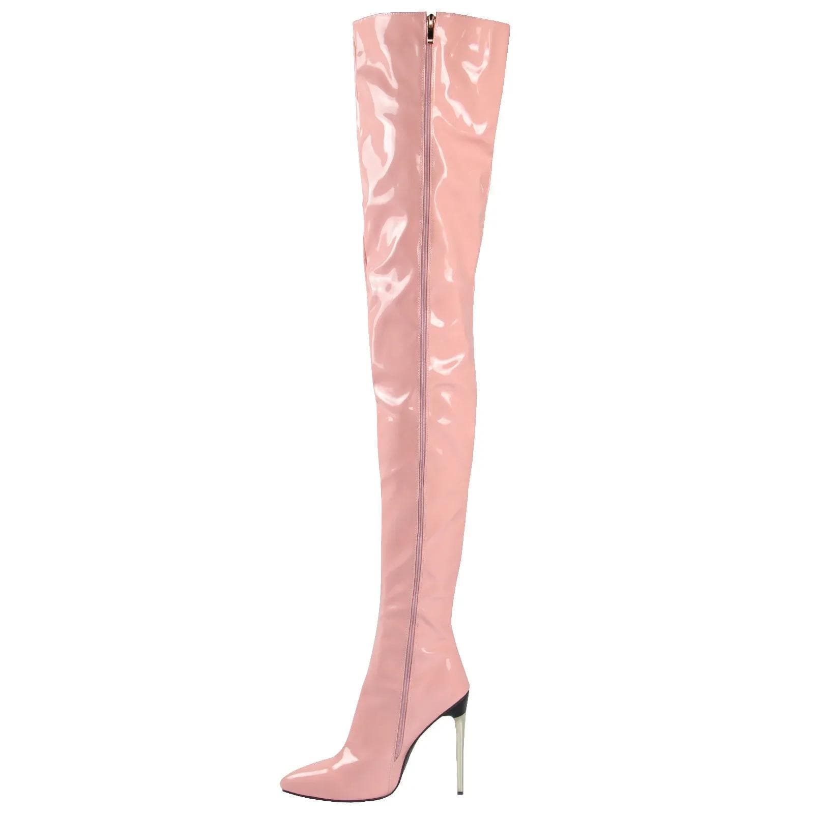 Fashion Women Patent Leather Boots Sexy Thigh High Boots Metal Stiletto Heels Fitted Party Boots Knee High Boot Big Size 45 46 47 48 36 pink