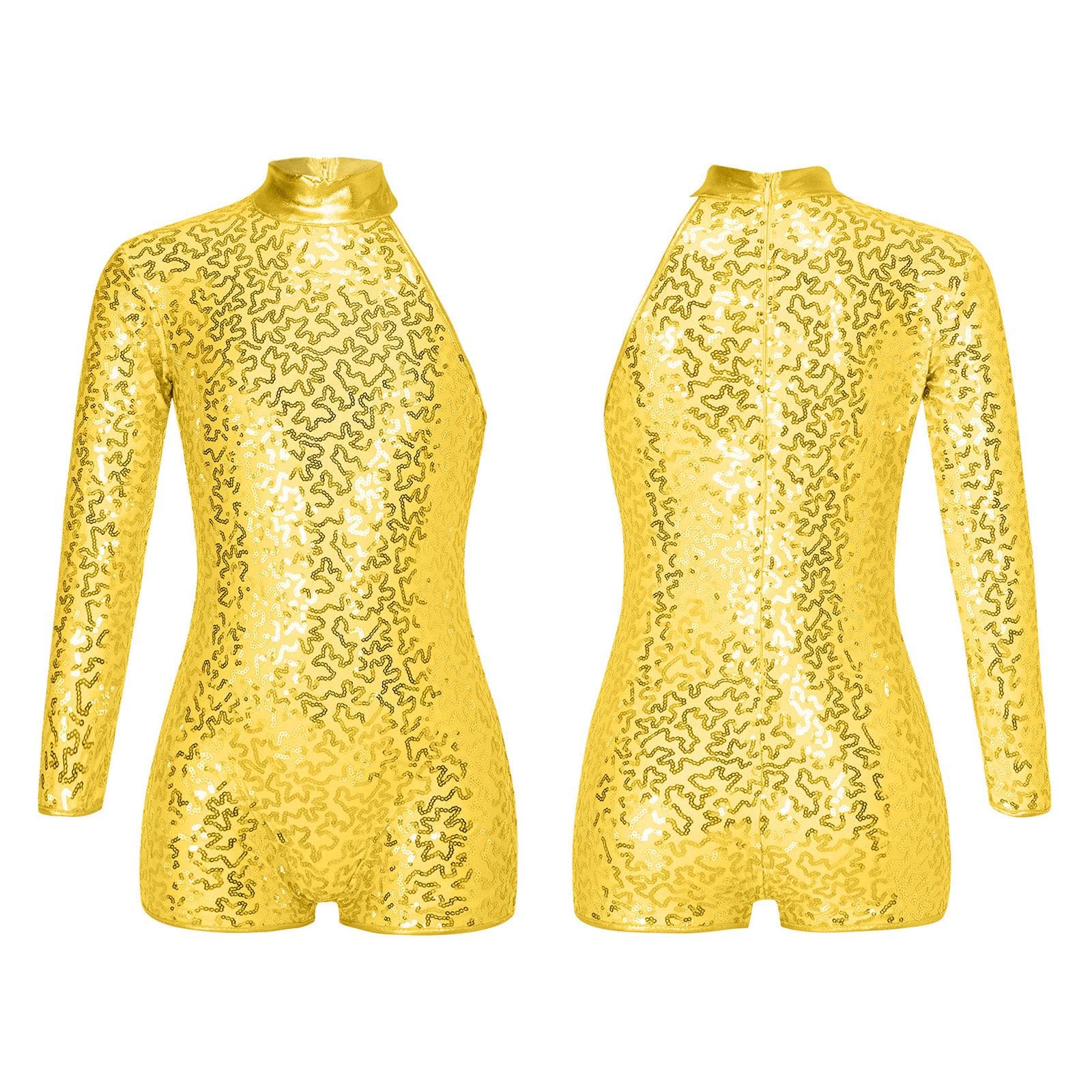 Kids Girls Single Long Sleeve Gymnastics Leotard Sequins Ballet Dance Unitards Short Jumpsuit 5-6 Years gold