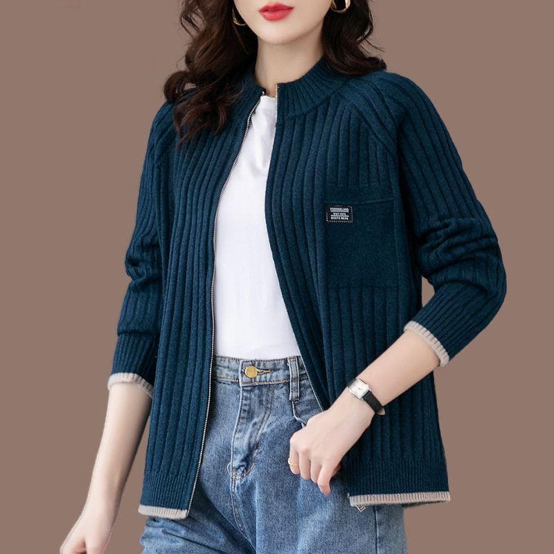 Woman's Warm Knit Zipper Cardigan Plus Size Casual Cardigan Multicolor Knit Jacket Top XL