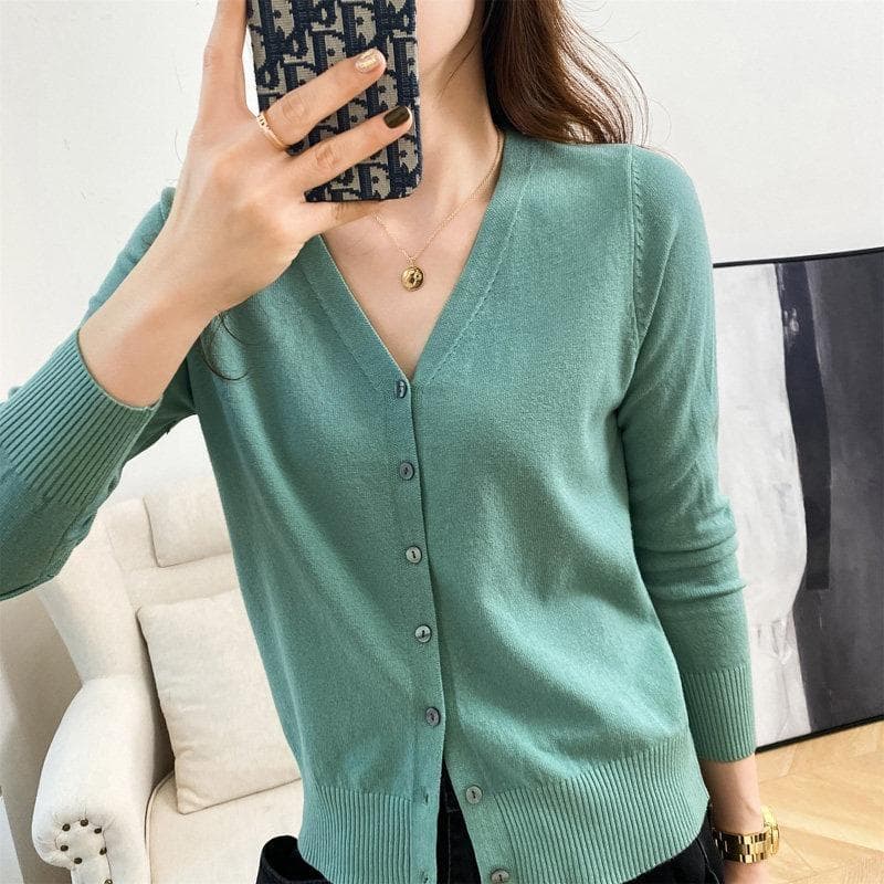 Spring and Autumn Women's Cardigan Jacket V-neck Knitted Cardigan Short Loose Peplum Sweater Thread Sweater M lake green