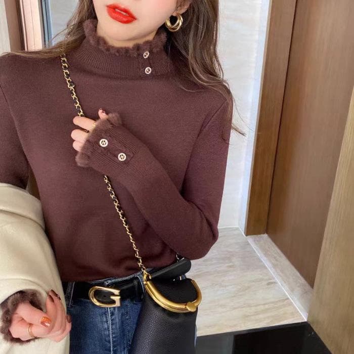Women's Fleece Sweater, Thickened One-piece Fleece Inner Layer, Half-turtle Collar Bottoming Shirt, Pullover, Stylish Knitted Warm Top One size