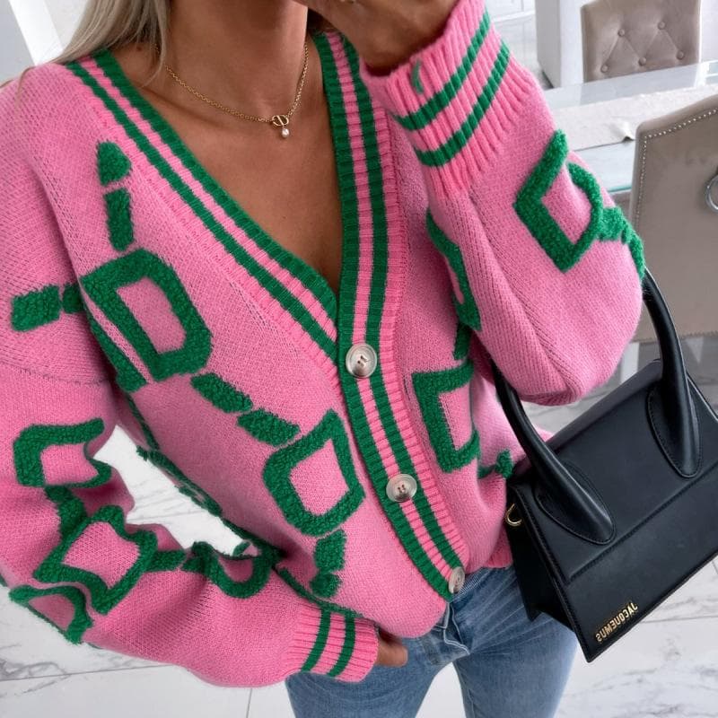 Autumn Winter Vintage Knitted Sweater Women Letter Printed Cardigan Women V Neck Long Sleeve Loose Casual Jumper Tops M pink